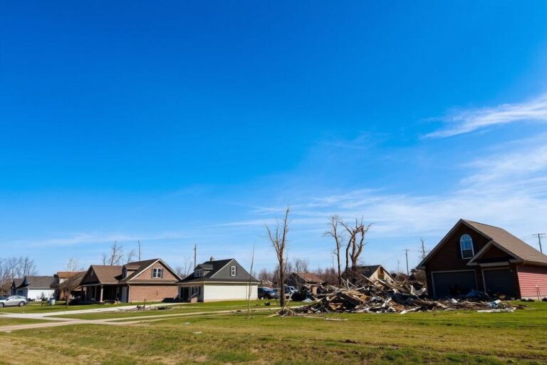 Cenário de destruição após um tornado, com céu claro simbolizando recuperação.