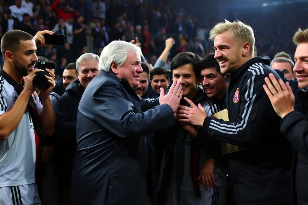 Carlo Ancelotti celebrando a vitória com sua equipe.