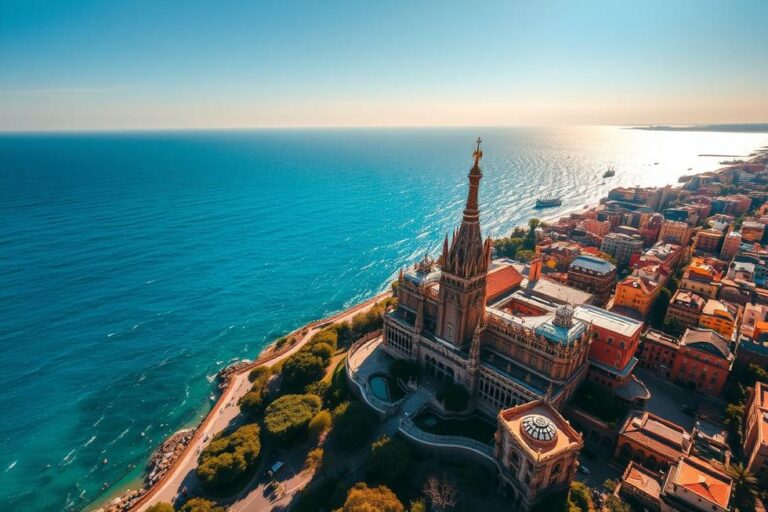 Vista aérea de Barcelona, destacando a arquitetura da cidade e o mar Mediterrâneo.