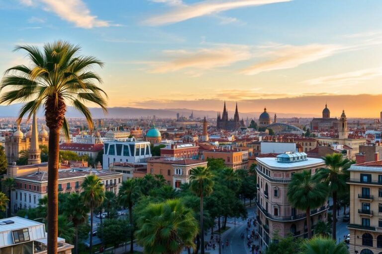 Vista aérea de Barcelona, destacando a arquitetura e a vida vibrante da cidade.