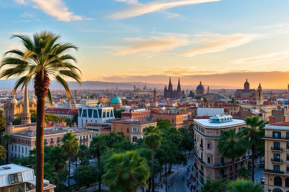 Vista aérea de Barcelona, destacando a arquitetura e a vida vibrante da cidade.