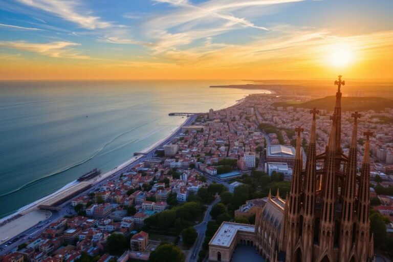 Vista panorâmica de Barcelona com o mar ao fundo e a Sagrada Família.