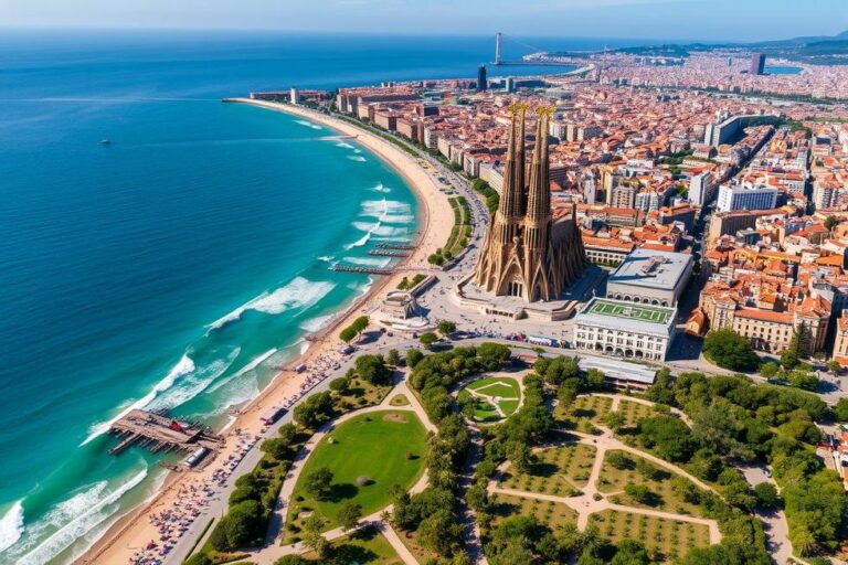 Vista aérea de Barcelona com a costa e a arquitetura icônica.