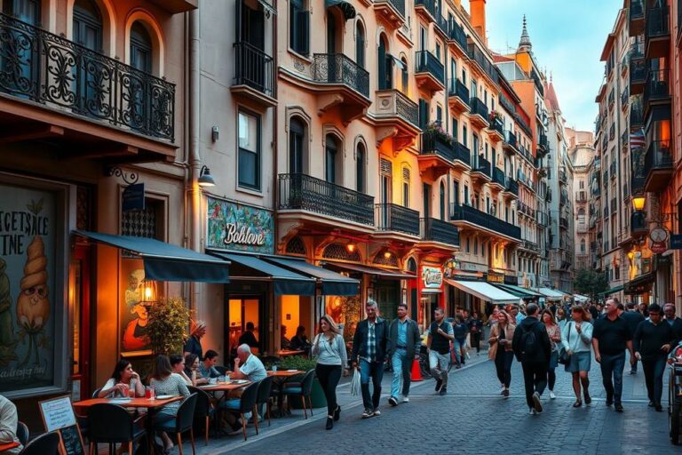 Rua de Barcelona com arquitetura icônica e cultura vibrante.
