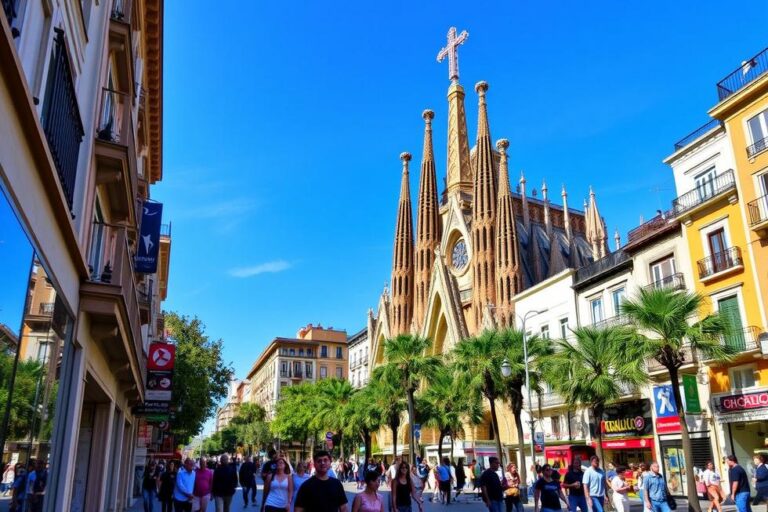 Cenas vibrantes de Barcelona com Sagrada Família ao fundo.