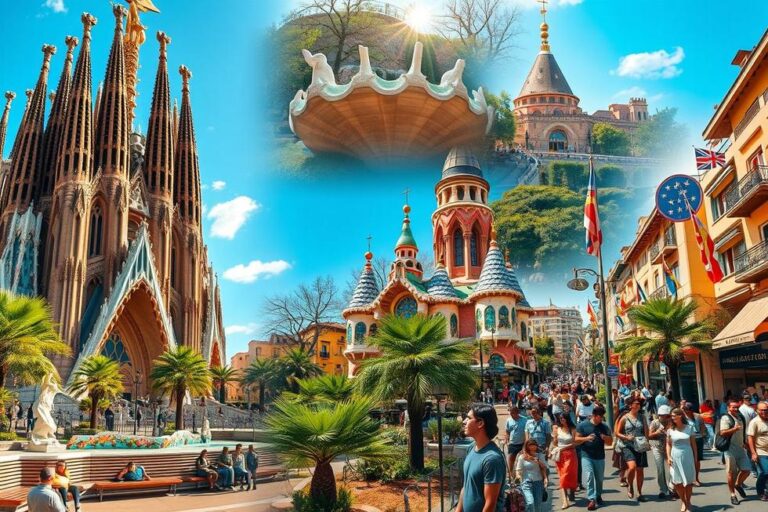 Montagem dos pontos turísticos mais famosos de Barcelona, mostrando Sagrada Família, Parque Güell e La Rambla.