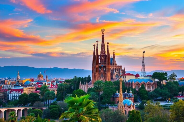 Vista panorâmica das principais atrações de Barcelona ao pôr do sol.