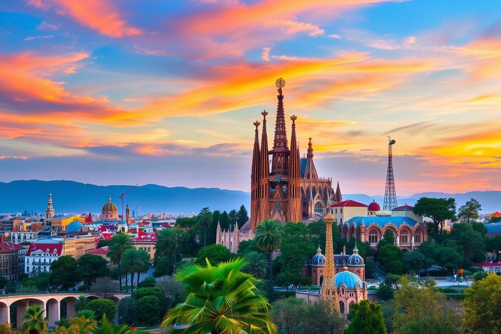 Vista panorâmica das principais atrações de Barcelona ao pôr do sol.
