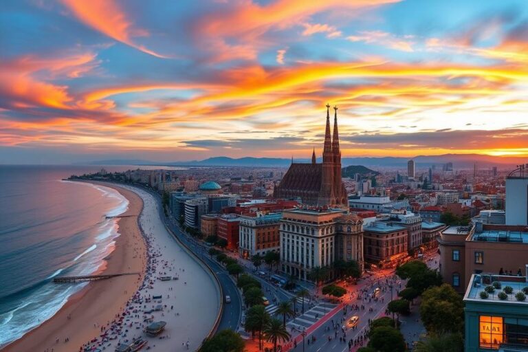 Vista da cidade de Barcelona com Sagrada Família e costa ao fundo.
