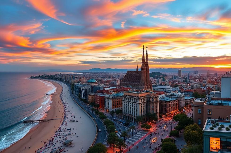 Vista da cidade de Barcelona com Sagrada Família e costa ao fundo.