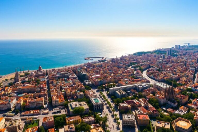 Vista aérea de Barcelona mostrando sua arquitetura icônica e o mar Mediterrâneo.