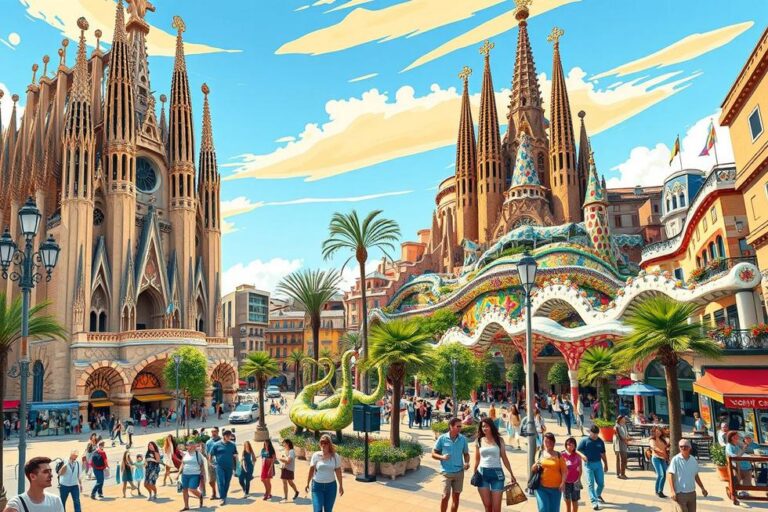 Ilustração vibrante dos principais marcos de Barcelona.