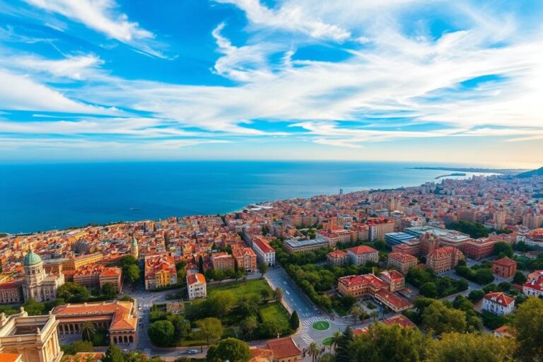 Panorama da cidade de Barcelona a partir do Montjuïc, com o mar Mediterrâneo ao fundo.