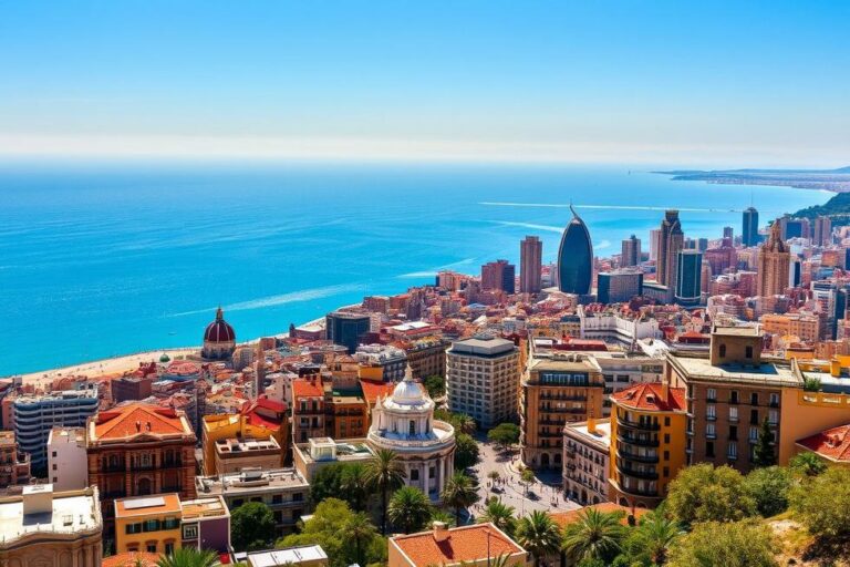 Vista panorâmica de Barcelona com a arquitetura única e o mar Mediterrâneo ao fundo.