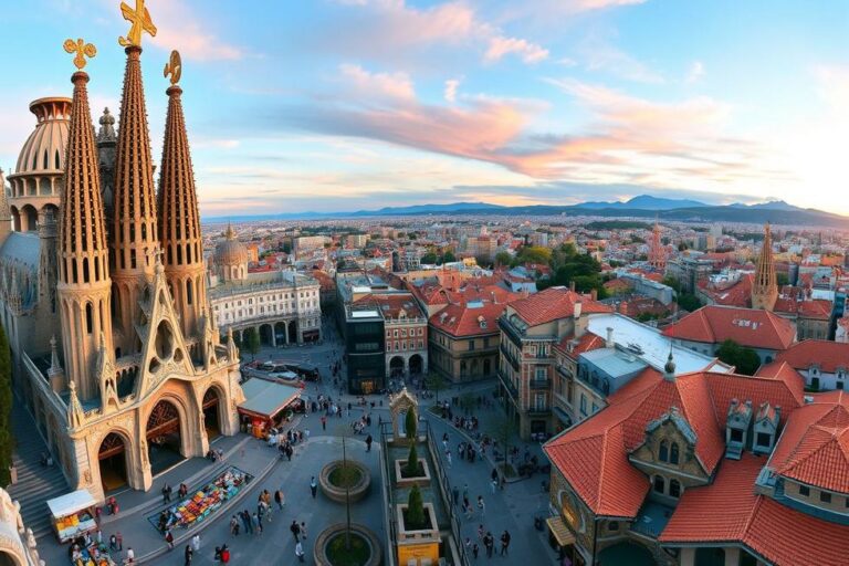 Panorama da cidade de Barcelona com vislumbre da arquitetura de Gaudí.