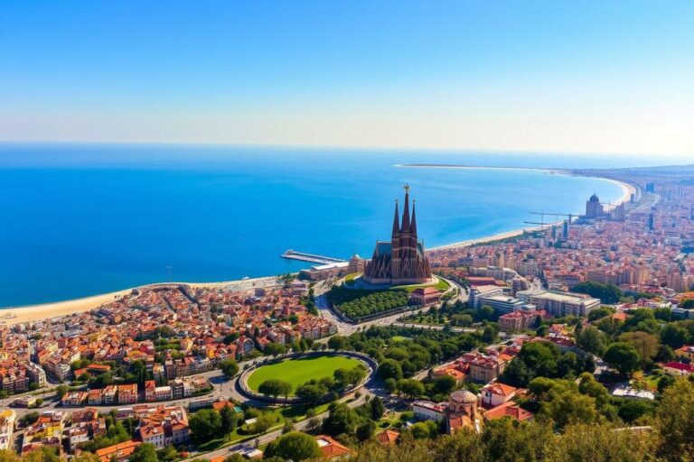 Vista panorâmica de Barcelona mostrando Sagrada Família e o mar Mediterrâneo.