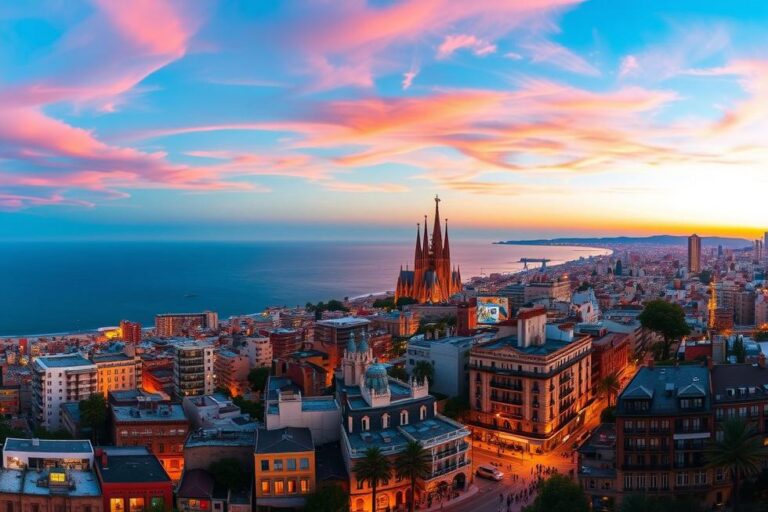 Vista panorâmica de Barcelona durante o pôr do sol.