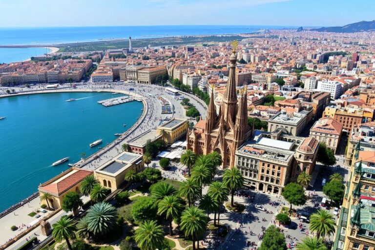 Vista aérea de Barcelona, com sua mistura de arquitetura histórica e moderna.
