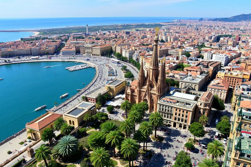 Vista aérea de Barcelona, com sua mistura de arquitetura histórica e moderna.