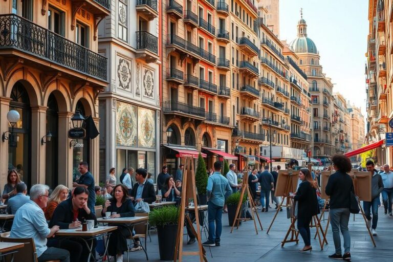 Uma cena vibrante das ruas de Barcelona com a vida local.