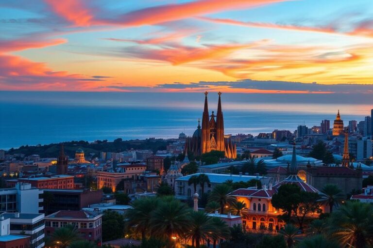 Panorama de Barcelona, mostrando a Sagrada Família e o mar Mediterrâneo.