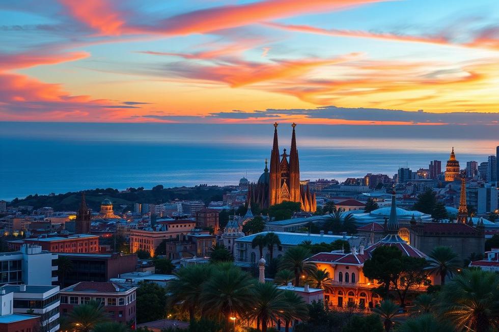 Panorama de Barcelona, mostrando a Sagrada Família e o mar Mediterrâneo.