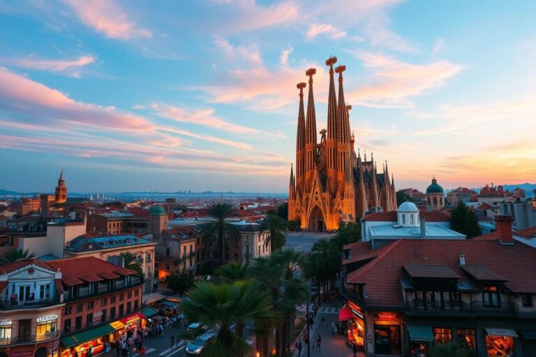 Vista panorâmica de Barcelona com a Sagrada Família e o horizonte da cidade.