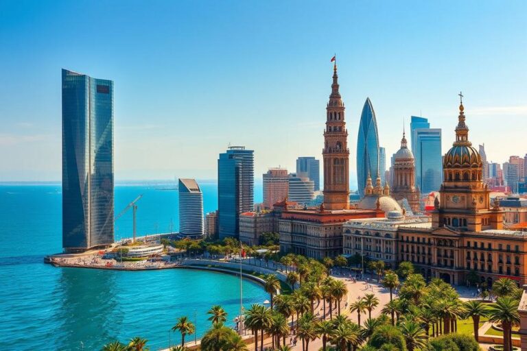 Panorama do skyline de Barcelona, com mar e arquitetura ao fundo.