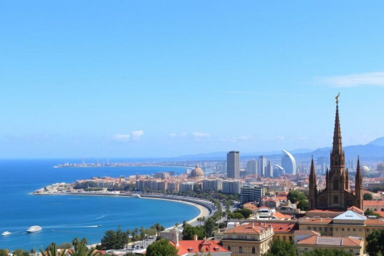 Panorama de Barcelona destacando sua arquitetura única e o mar Mediterrâneo.