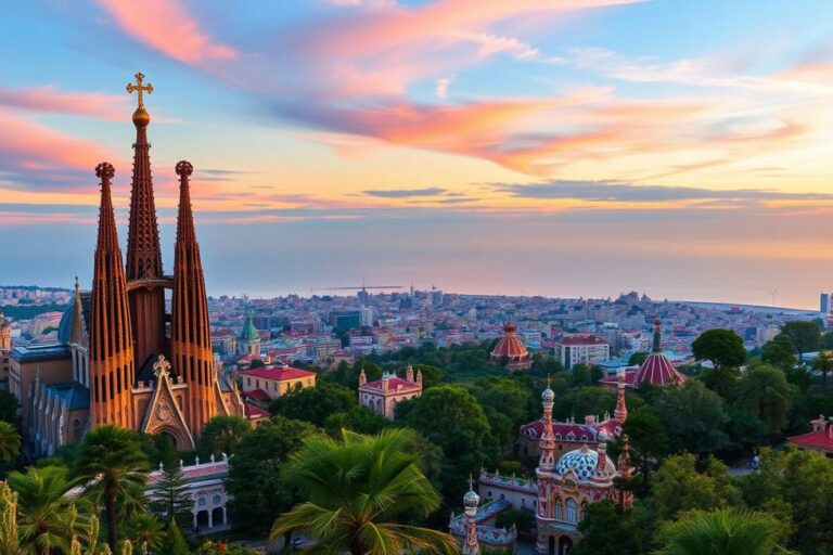 Vista panorâmica de Barcelona com a Sagrada Família e o mar Mediterrâneo ao fundo.