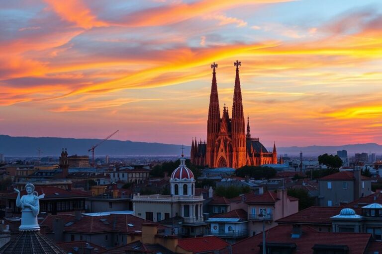 Vista impressionante do horizonte de Barcelona durante o pôr do sol, incluindo a Sagrada Família.