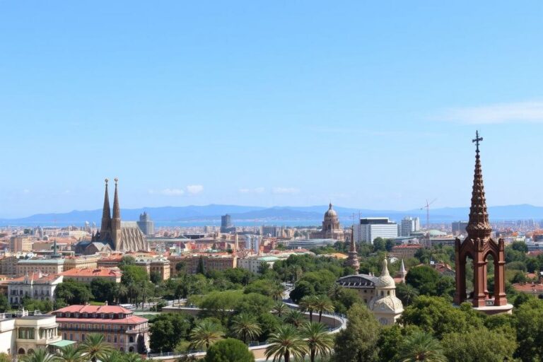 Vista ampla de Barcelona com marcos famosos ao fundo.