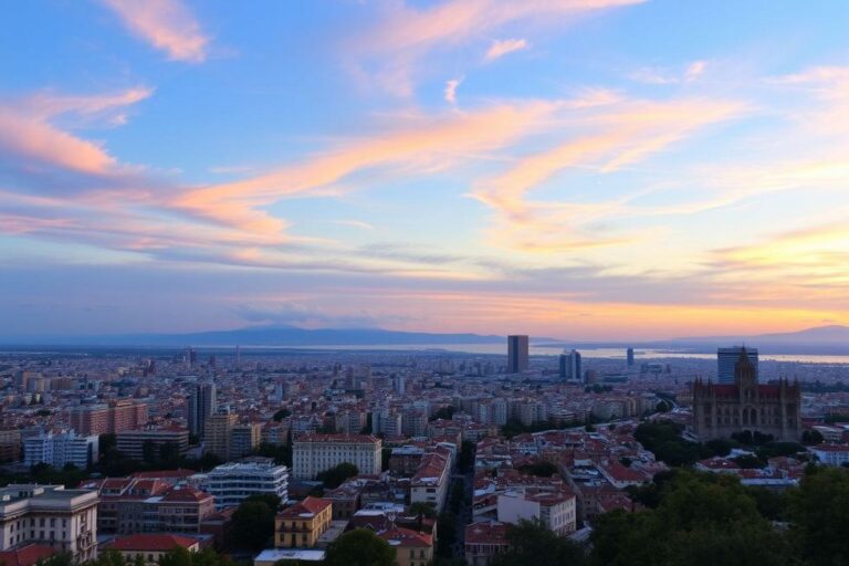 Imagem panorâmica do horizonte de Barcelona durante o pôr do sol com seus marcos icônicos.