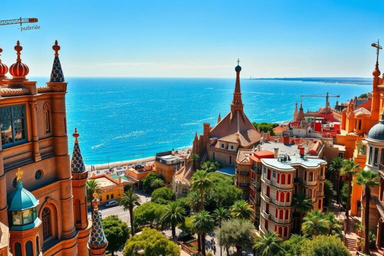 Vista panorâmica de Barcelona com a arquitetura de Gaudí e a costa mediterrânea ao fundo.