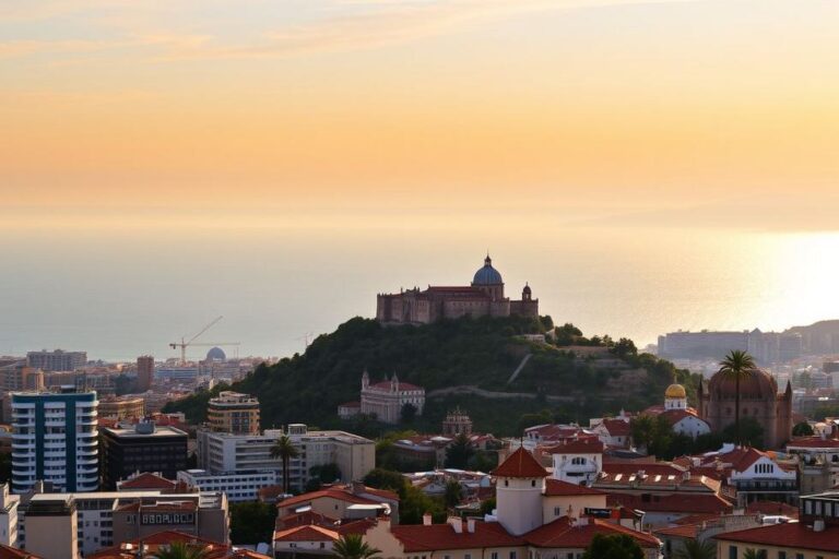 Vista panorâmica do horizonte de Barcelona ao entardecer.