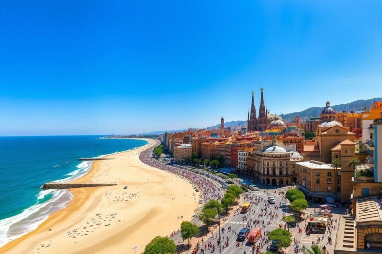 Vista panorâmica de Barcelona, destacando a arquitetura de Gaudí e o mar Mediterrâneo.