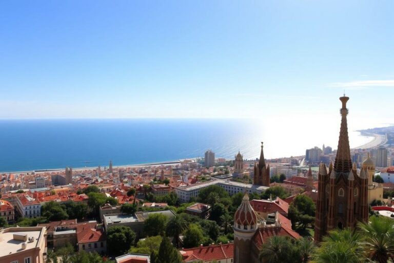Vista panorâmica de Barcelona com o mar Mediterrâneo ao fundo e as obras de Gaudí.