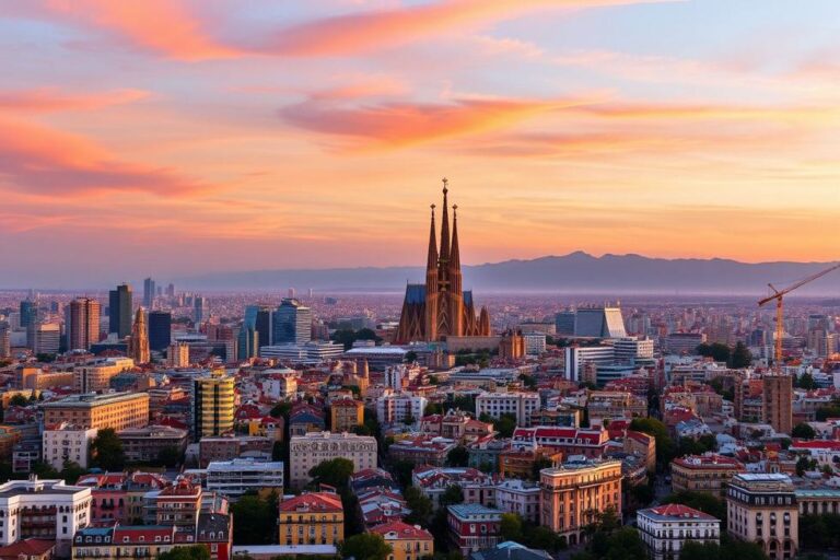 Vista panorâmica de Barcelona, com a Sagrada Família e a cidade iluminada pelo pôr do sol.