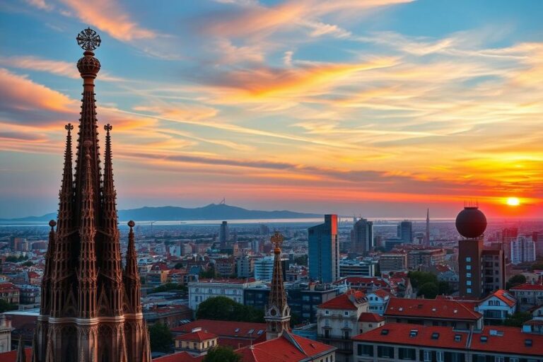 Vista panorâmica de Barcelona ao entardecer com marcos históricos.