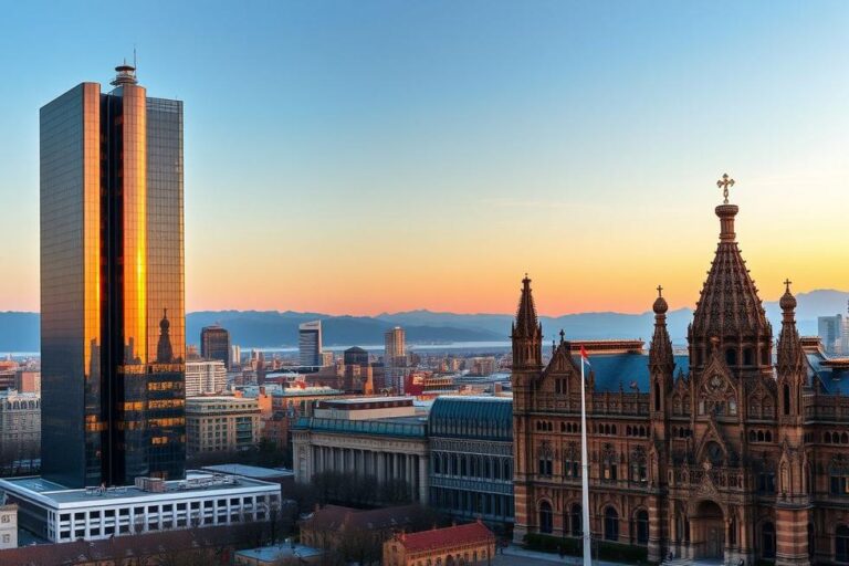 Vista panorâmica da cidade de Barcelona com edifícios modernos e arquitetura histórica.