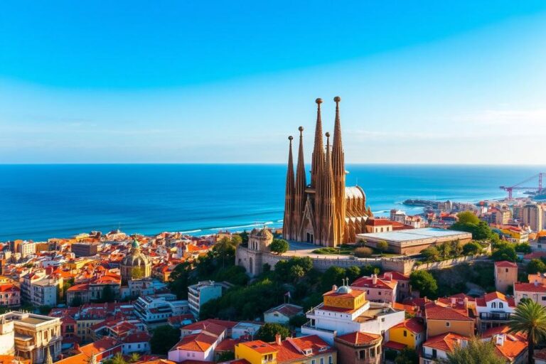 Panorâmica de Barcelona com a Sagrada Família e o mar Mediterrâneo ao fundo.