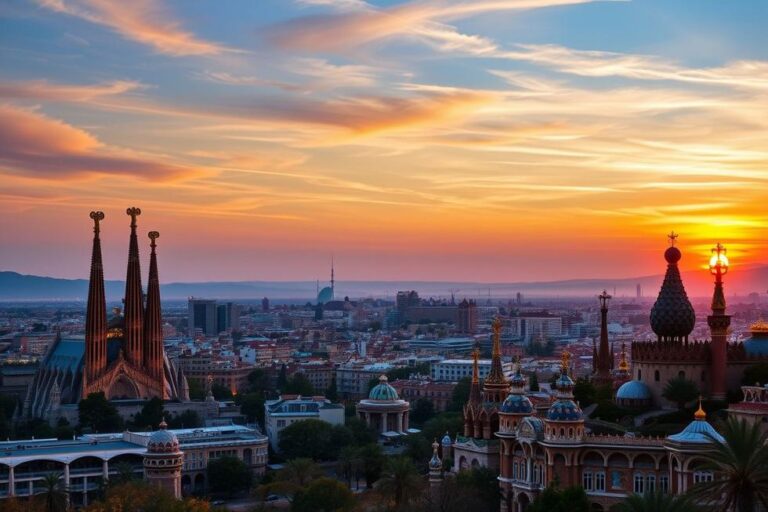 Vista do horizonte de Barcelona com pontos turísticos icônicos.