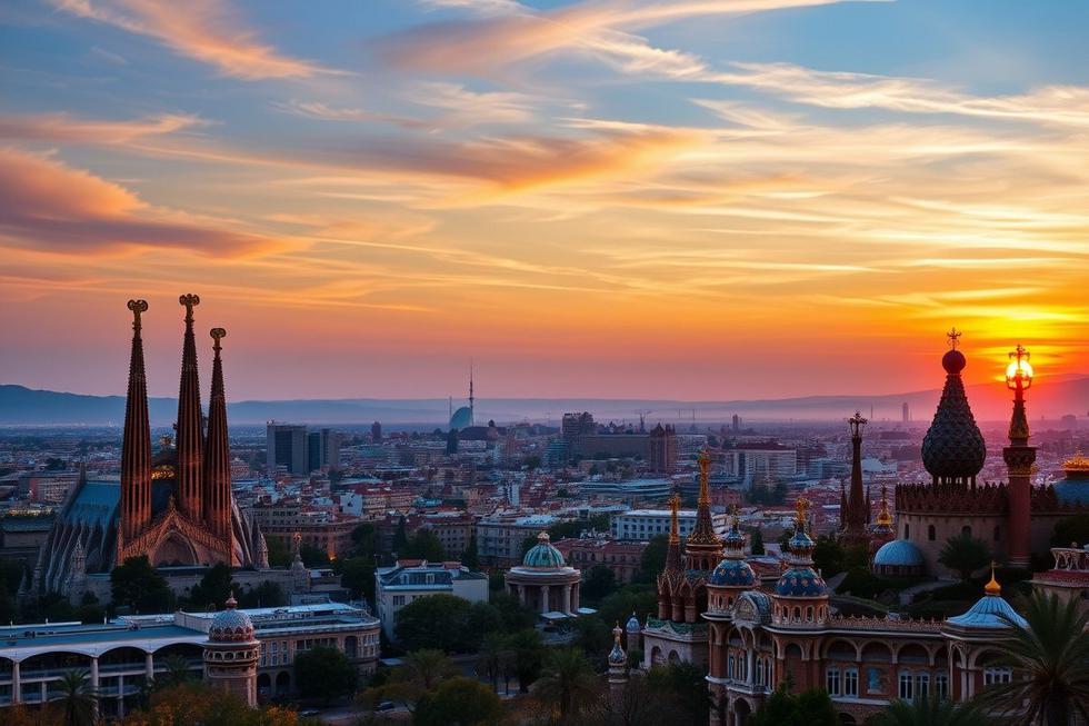 Vista do horizonte de Barcelona com pontos turísticos icônicos.