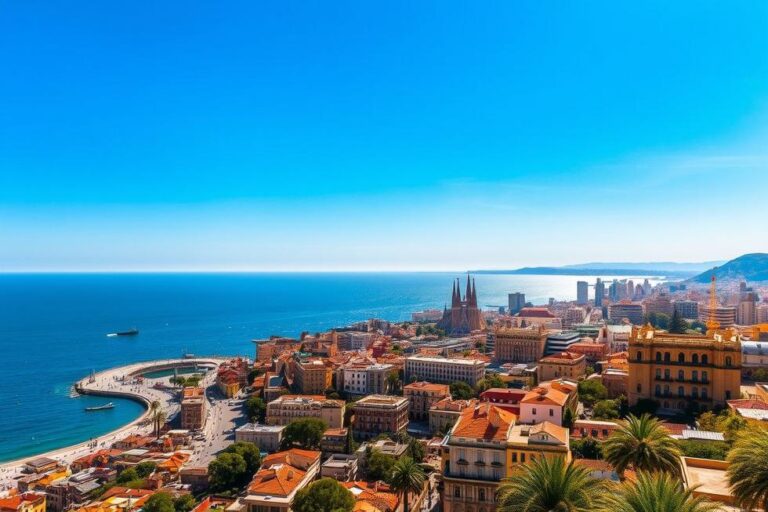 O skyline de Barcelona com o mar Mediterrâneo ao fundo, exemplificando a beleza da cidade.