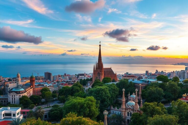 Vista panorâmica da cidade de Barcelona ao pôr do sol, com seus marcos icônicos.