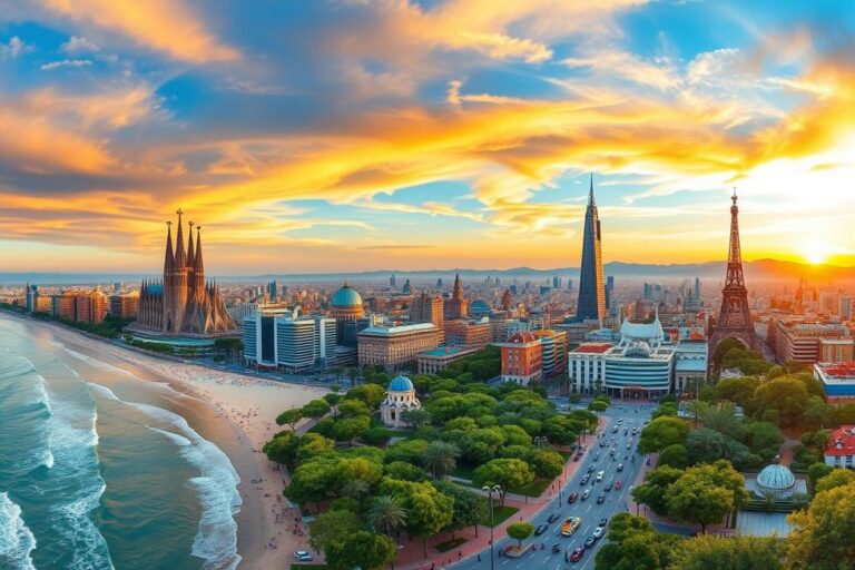 Vista panorâmica de Barcelona, destacando suas atrações icônicas.