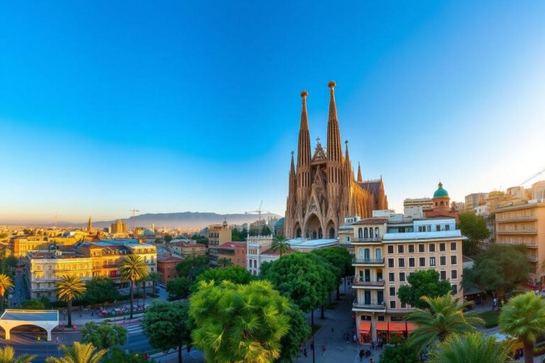 Panorama da cidade de Barcelona com destaque para a Sagrada Família e suas coloridas vizinhanças.