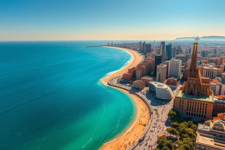 Panorâmica da cidade de Barcelona com mar e monumentos.
