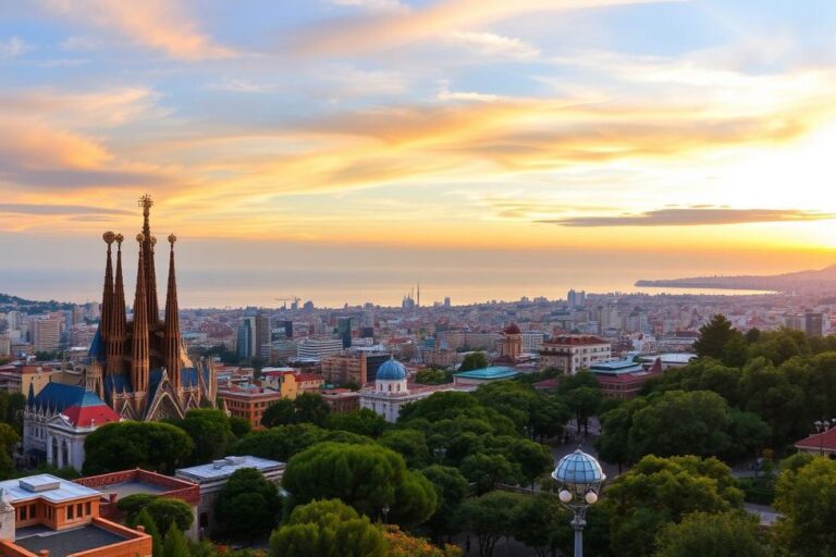 Panorama do horizonte de Barcelona, destacando pontos turísticos famosos.