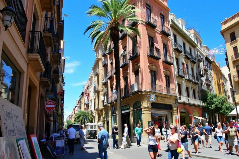 Cena de rua vibrante em Barcelona com artistas e arquitetura colorida.